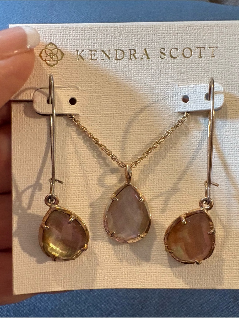 Classic Elisa Pendant and Lee drop Earring SET. Faceted taupe stones.